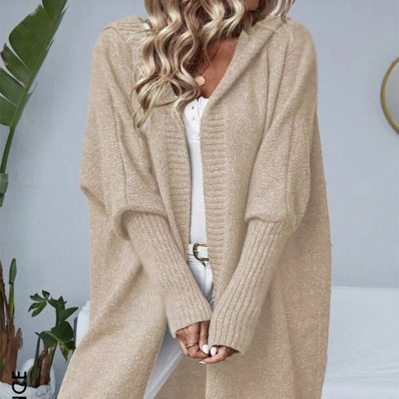Beige Casual Womens Batwing Sleeve Hooded Duster Cardigan - Picture 5 of 5